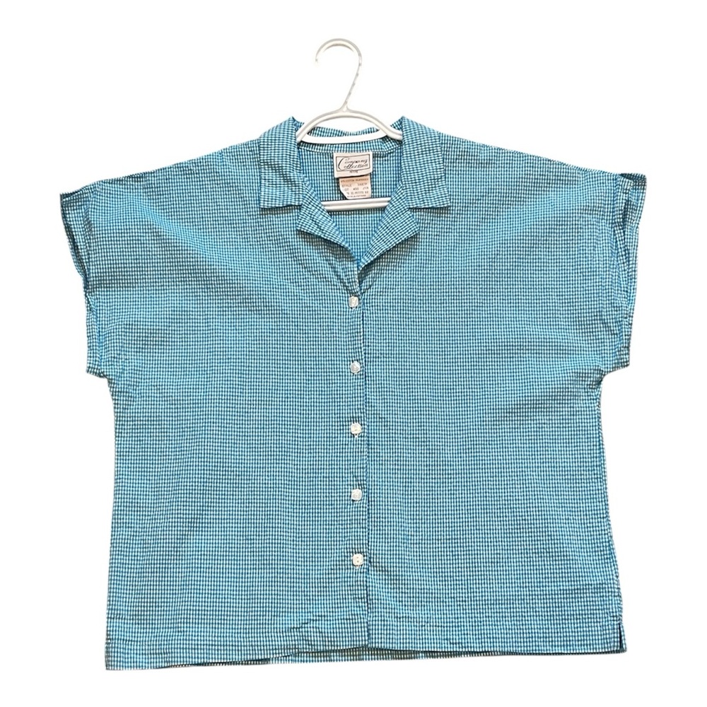 Women’s teal and white checkered button down shirt